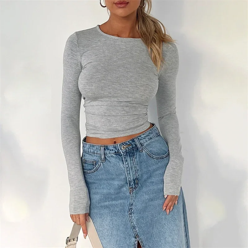 2000s Women's Crop Top Spring Autumn Solid Color Round Neck Long Sleeve Tshirt Casual Tees Basic Clothing Streetwear Y2k