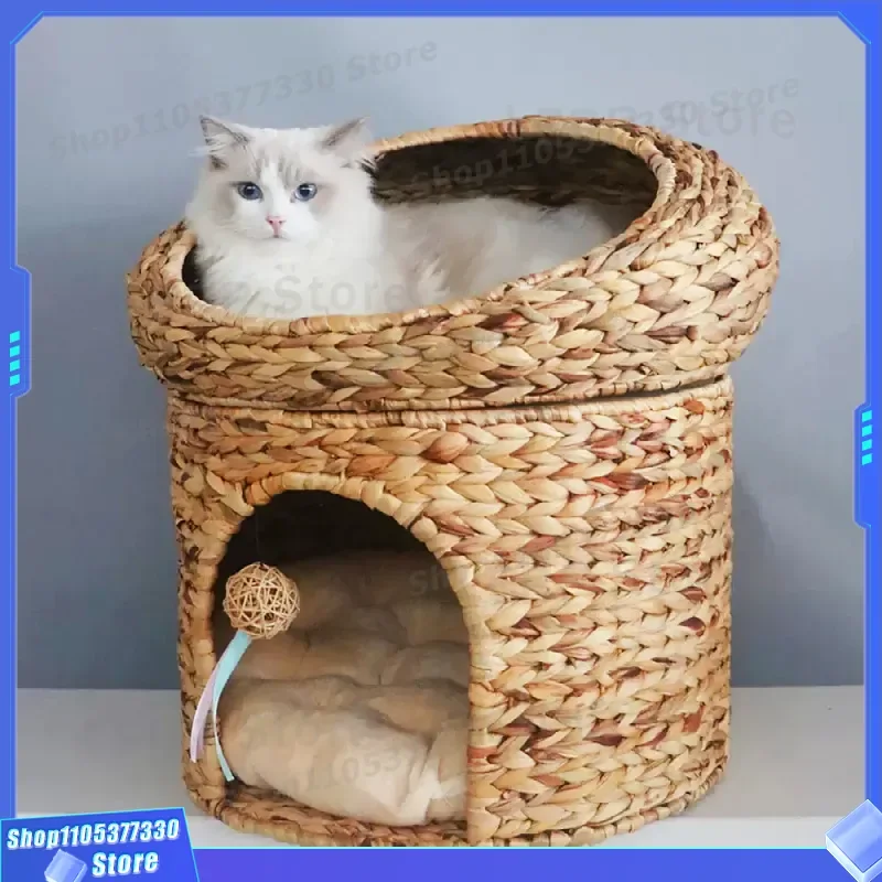Double Layer Closed Cat Litter Box House Villa Pet Bed with Scratch Resistant Rattan Climbing Frame for Cats and Small Dogs