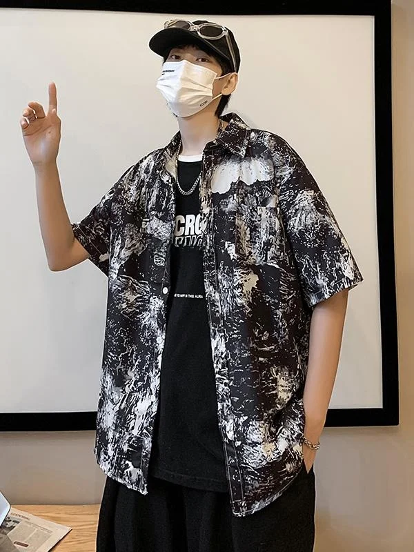 Loose Fit Men's Short Sleeve Shirt Casual Dyeing Print Summer Fashion Large Size Jacket Comfortable Breathable Daily Wear