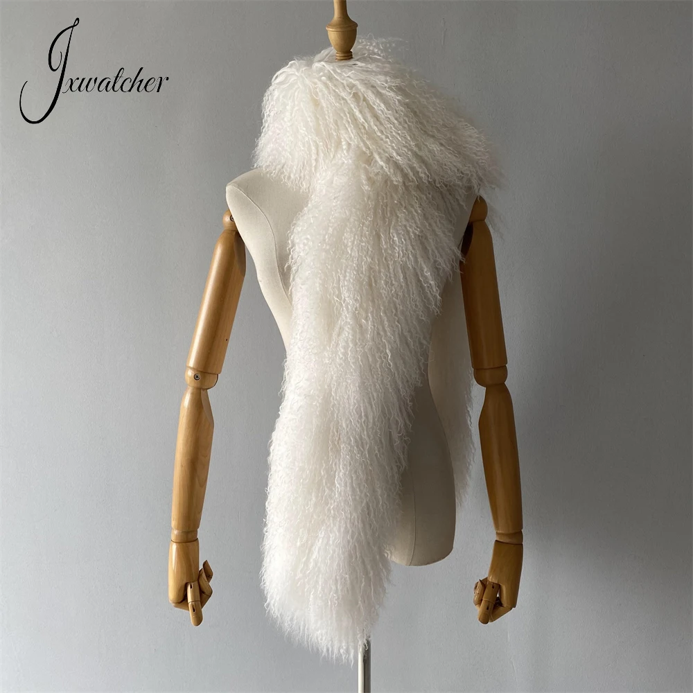 Jxwatcher Women Real Mongolian Fur Scarf Korean Quality Double-Sided 100% Genuine Sheep Fur Scarves Lady Fall Winter Warm Collar