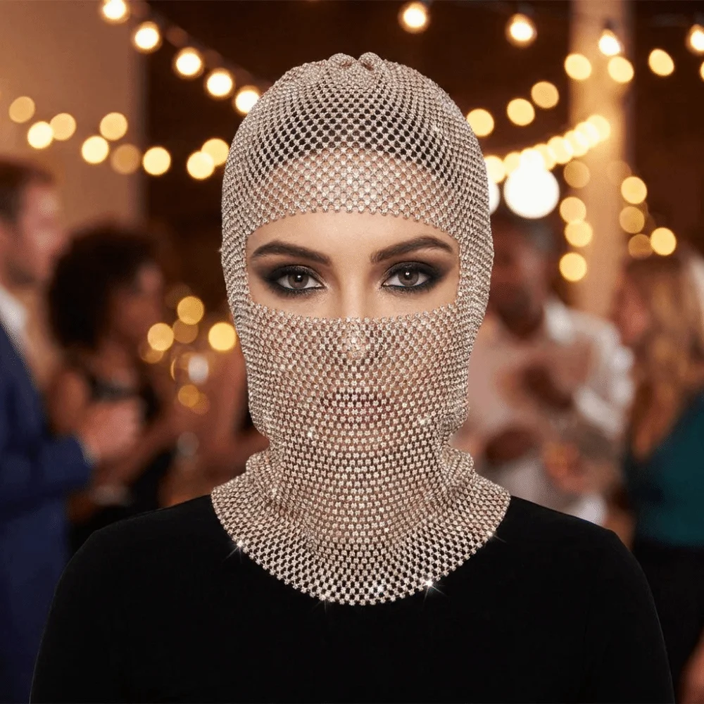 Shining Zircon Rhinestone Mesh Veil Mesh Y2K Rhinestone Head Mask Headwrap Hollow Out Balaclava Hat Bride