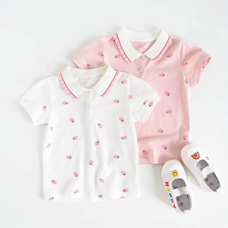 Summer Children's Clothing Cute Girl's Strawberry Print Short Sleeved Cotton T-Shirt Fashion Versatile Tops Kids School T-Shirt