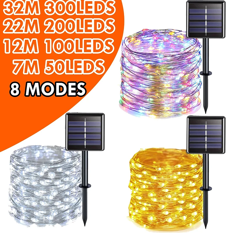 Outdoor Solar String LED Light, Fairy Guirlanda, jardim, quintal, árvore, festa de Natal, impermeável, lâmpada de fio de cobre, 8 Mode, 300, 200, 100, 50