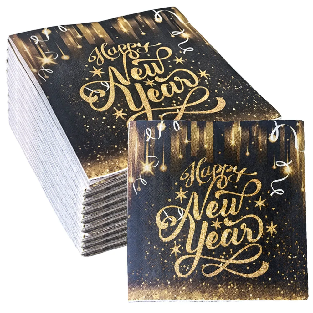 20/80/160pcs New Year Theme Disposable Paper Napkins Black Golden Happy New Year 2025 Party Decoration Supplies