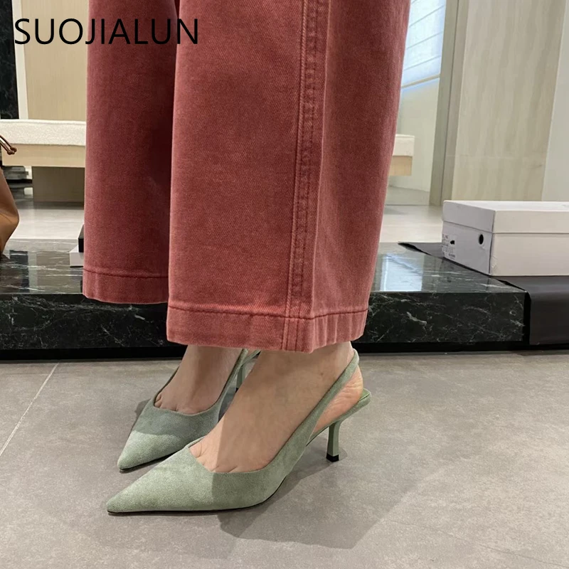 SUOJIALUN Spring New Brand Poined Toe Women Sandal Fashion Thin High Heel Ladies Elegant Dress Pumps Shoes Female Slingback Mule