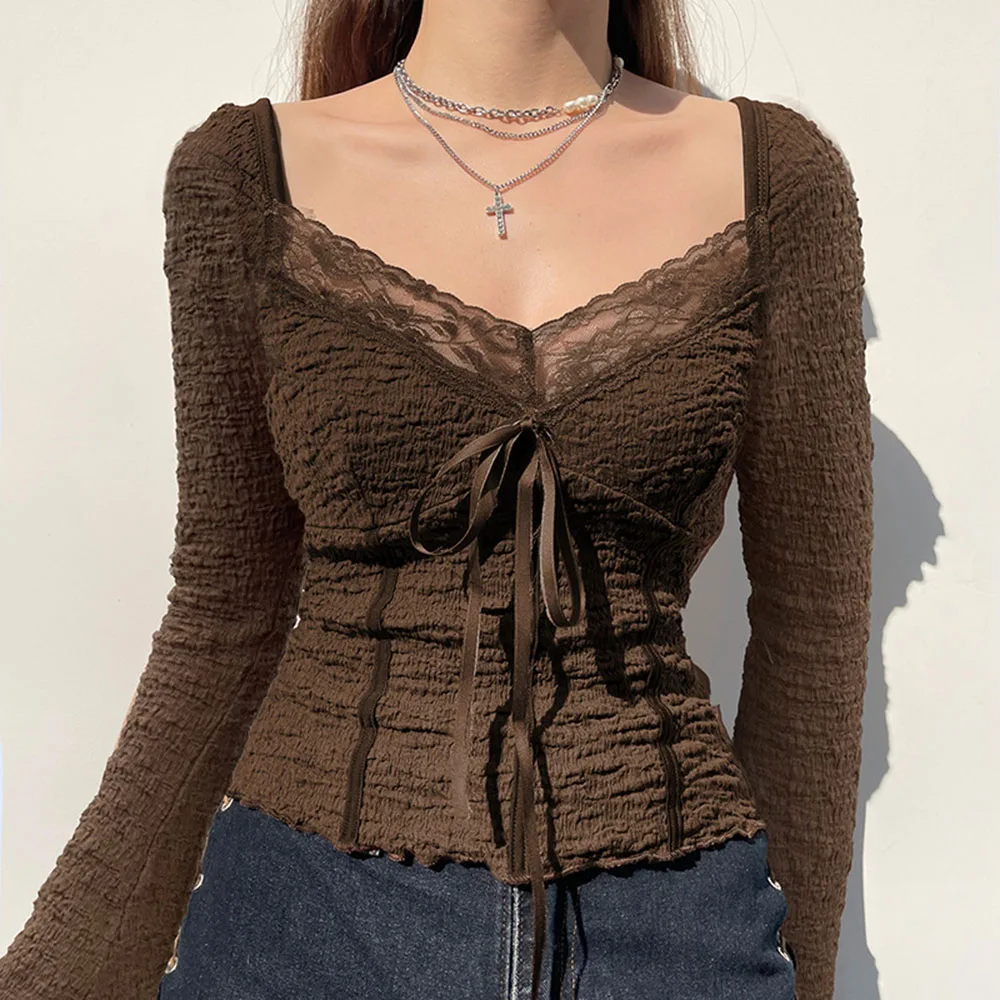 Women's Fashion Lace Splicing Long Sleeved T-shirt 2025 New Spring Autumn Slim Lace Up Pullover Spicy Girl Square Collar Tops