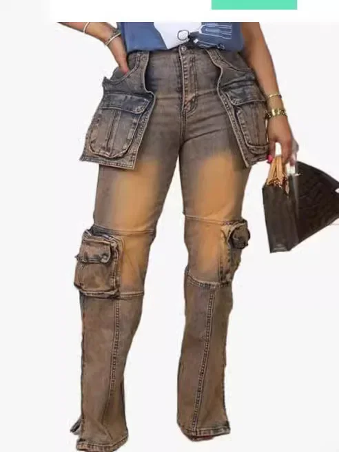 

2024 Summer Women Fashion Multi Pocket Straight Zipper Fly Denim Pants Streetwear INS Safari Style Cargo Wide Leg Jeans