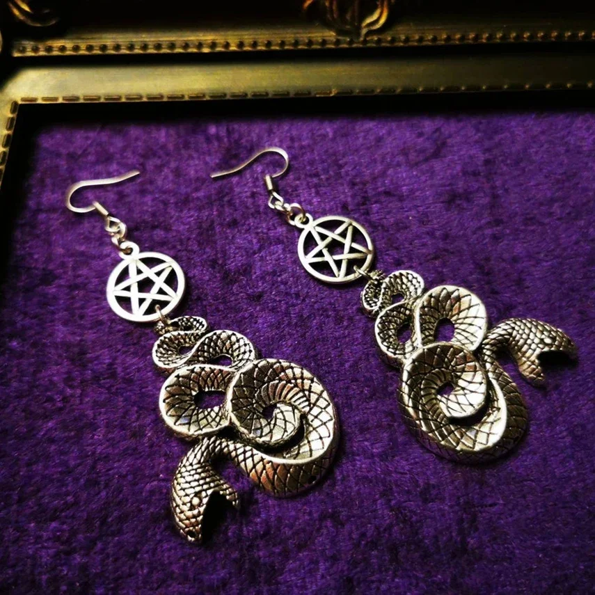 Gothic Python and Pentagram Pendant Earrings