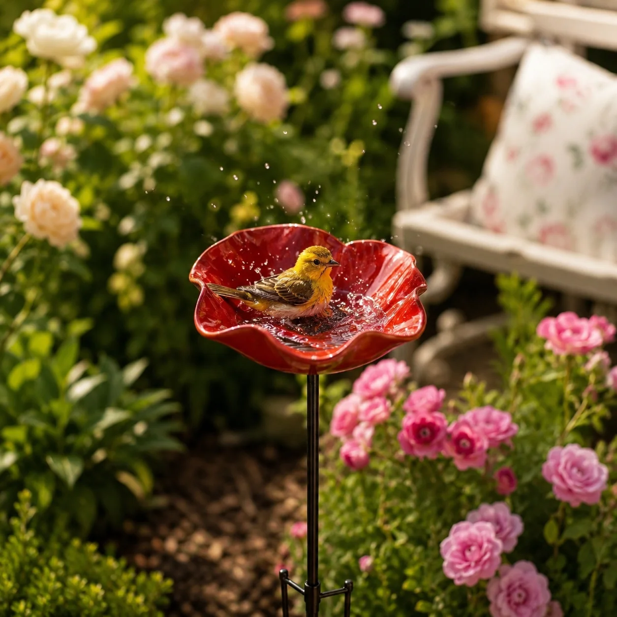 Handcrafted Metal Flower Garden Stake Ground Insert Iron Floral Sculpture Bird Bath Stake Wavy Curved Petal   JJ2853HG