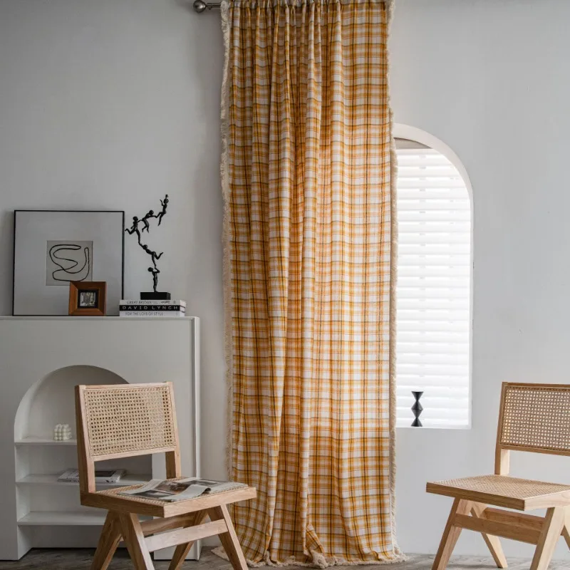 Curtain Plaid Weave American Style Finished Kitchen Curtains Bay Window Curtains Semi Shading