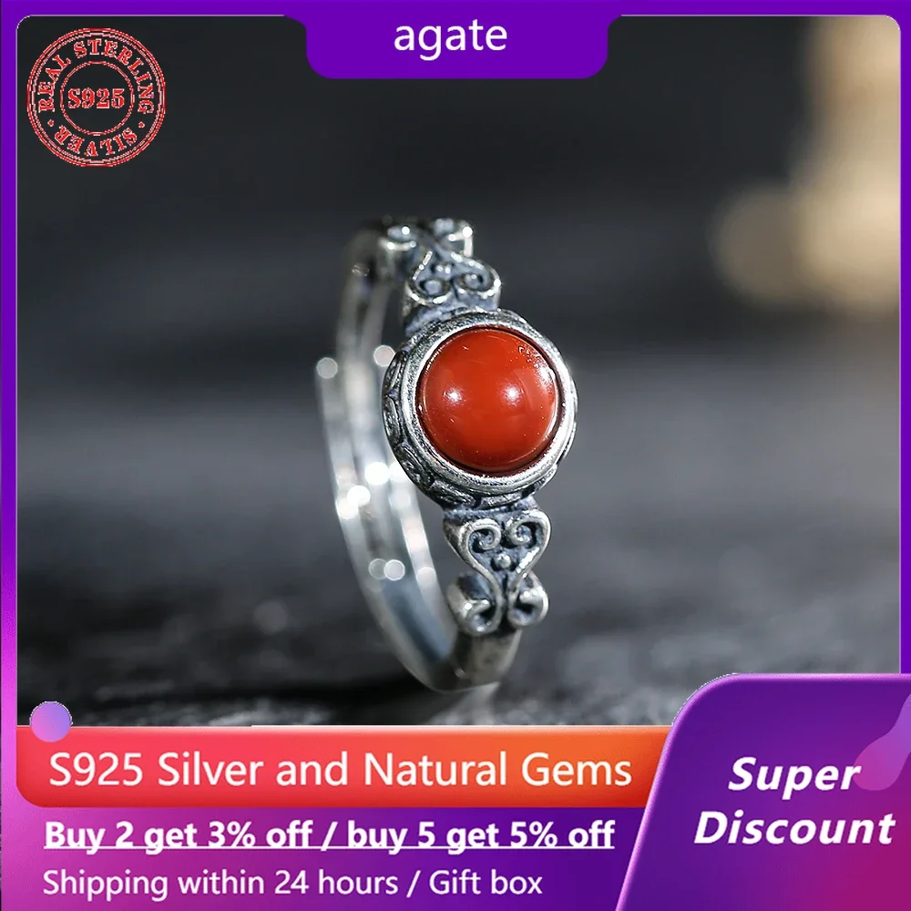 

Vintage Pattern S925 Silver Ring Natural Ore Red Agate Women's Ring Exquisite Jewelry Couple Women's Ring Party Accessories Gift