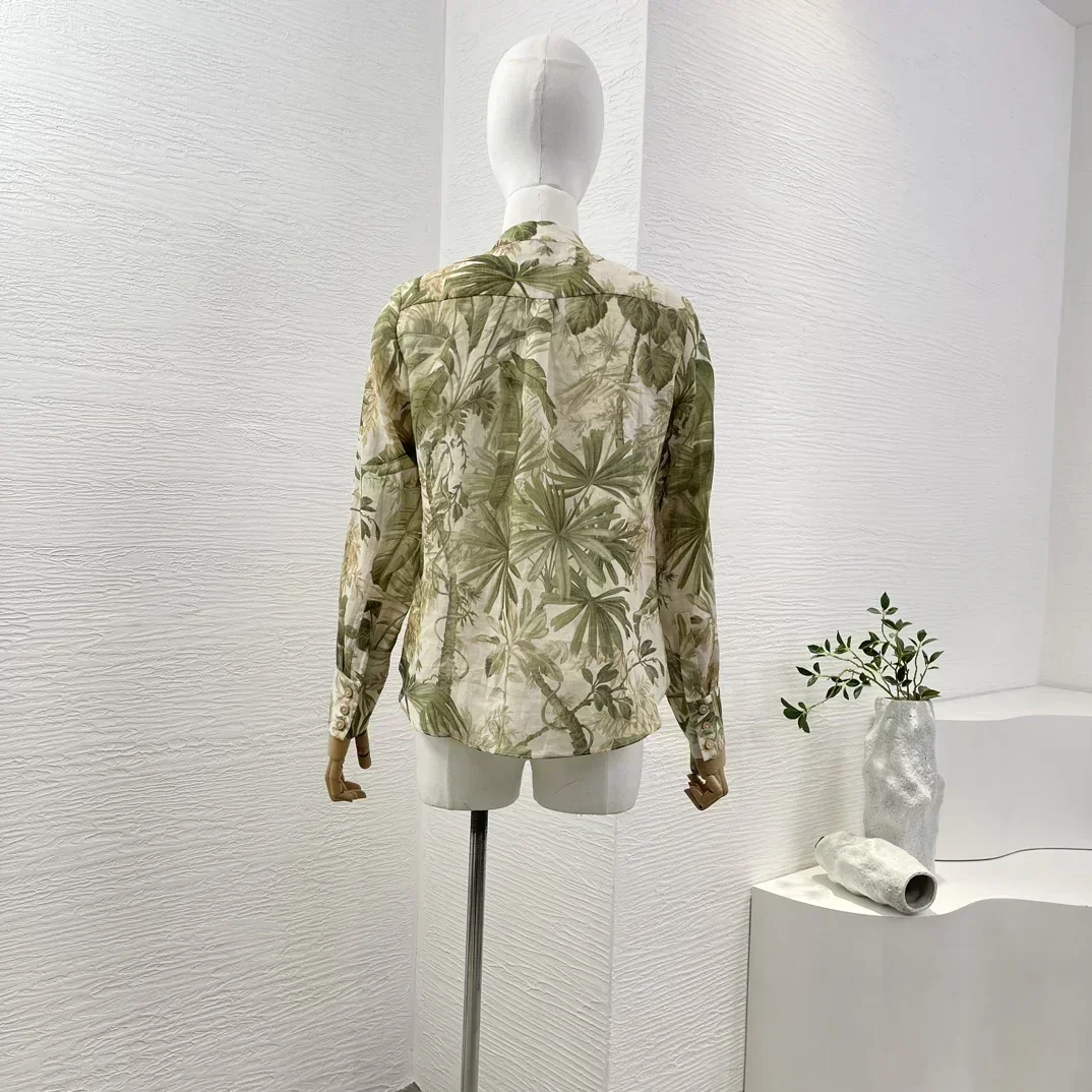 Ramie Spring Summer 2024 High Quality New Vintage Green Leaf Print Long Sleeve Women Blouse Tops