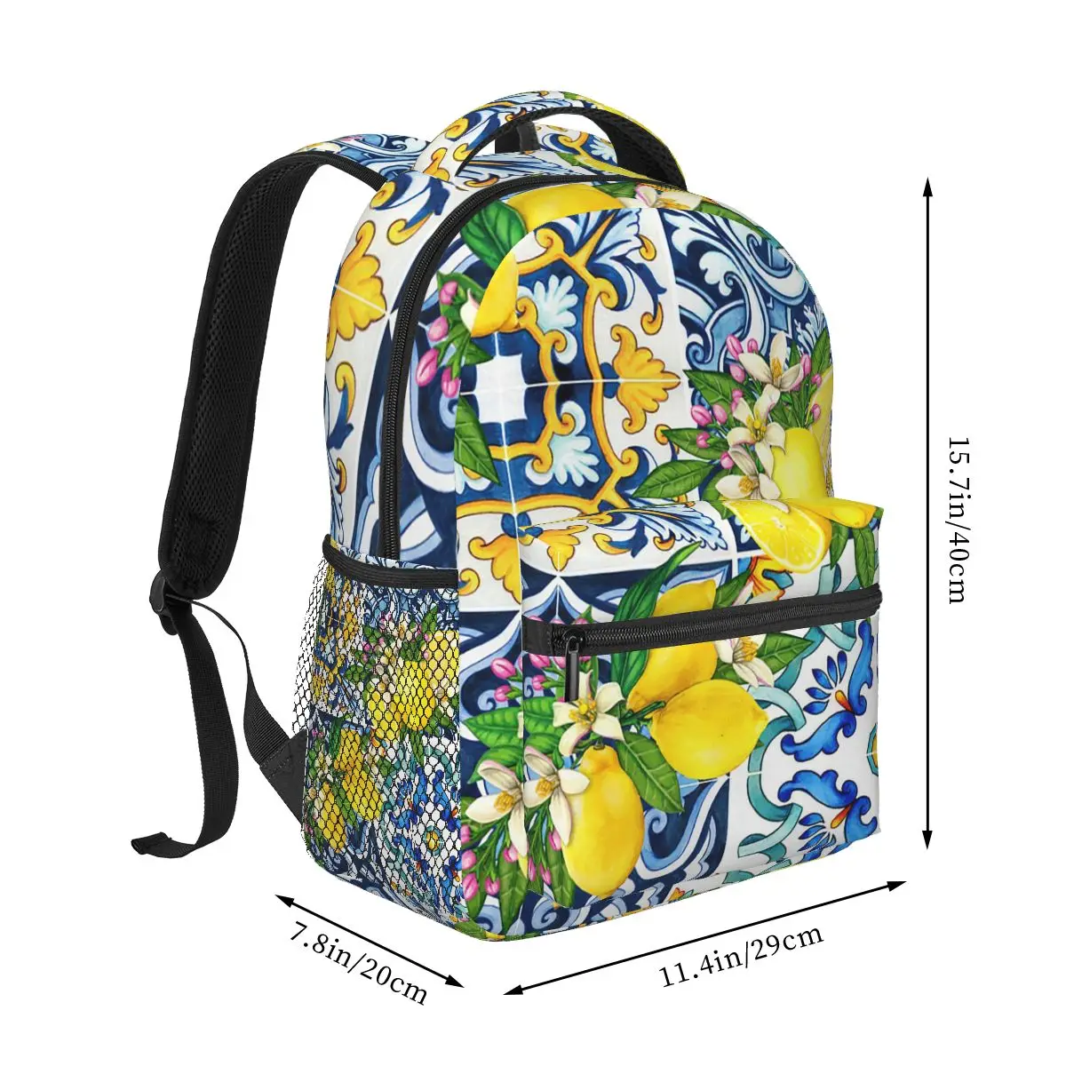 Summer Fruit Lemon Mediterranean Tiles Student Backpack School Bag Hiking Travel Daypack for Men Women Bookbag Shoulder Bags