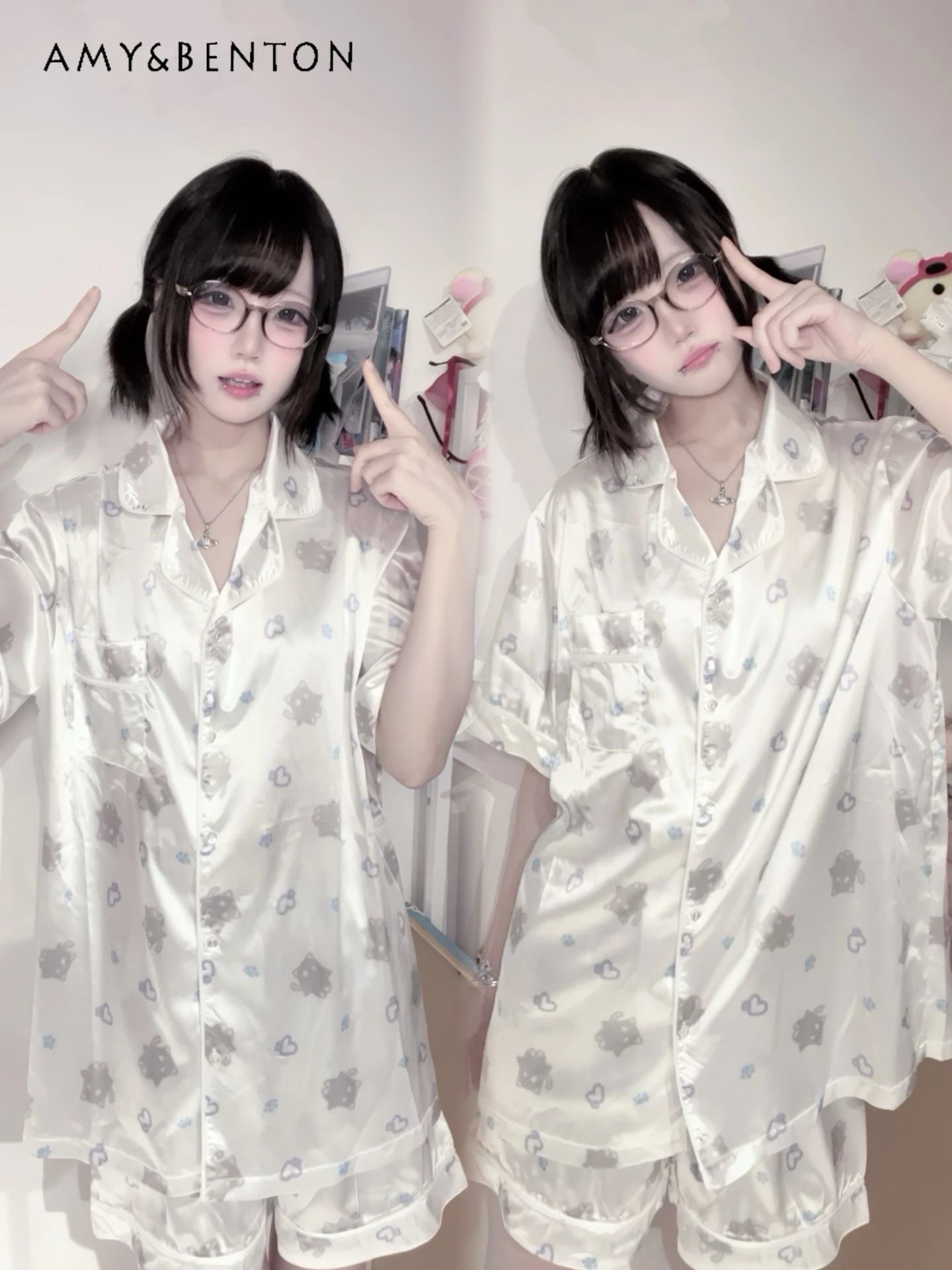 

2025 Summer Gray and White Two-tone Subculture Anime Print Loose Cute Japanese Style Short Sleeve Shorts Pajama Set