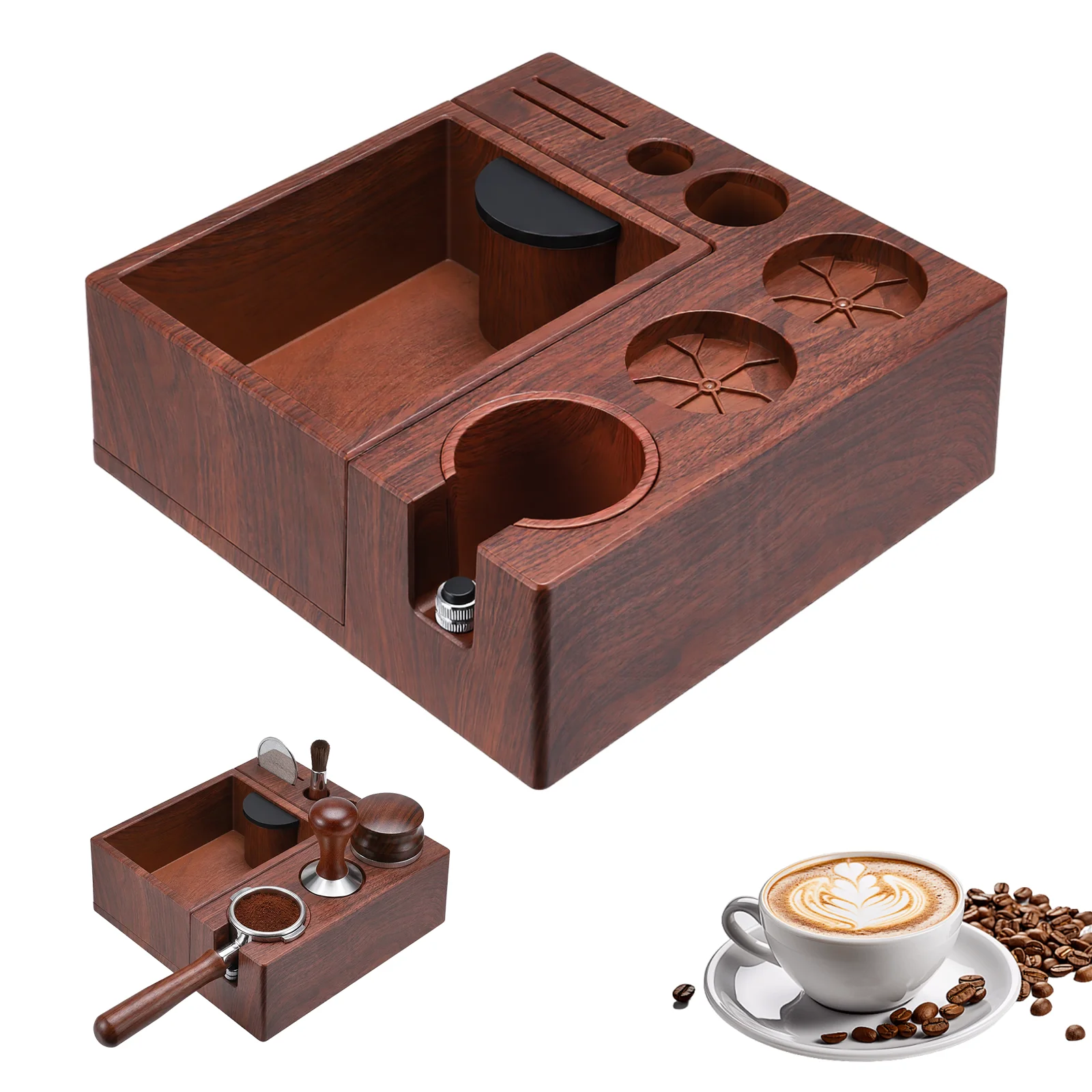 Station de tamping multifonctionnelle universelle 51/54/58 mm, support pour presse à café, base de rangement pour tamper, boîte à déchets amovible