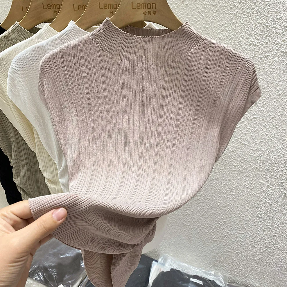 2026 Spring Summer Ice Silk Knit T-Shirt Half High Neck Waist Slimming Unique Design Slim Fit Short Sleeve Inner Tops