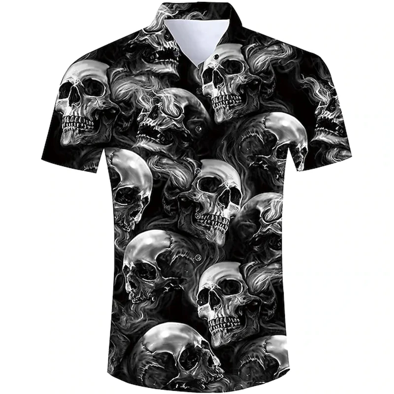 2025 New Men's Short-sleeved Shirt Halloween Skull Print Shirt Casual V-neck Shirt Outdoor Street Fashion Breathable Shirt