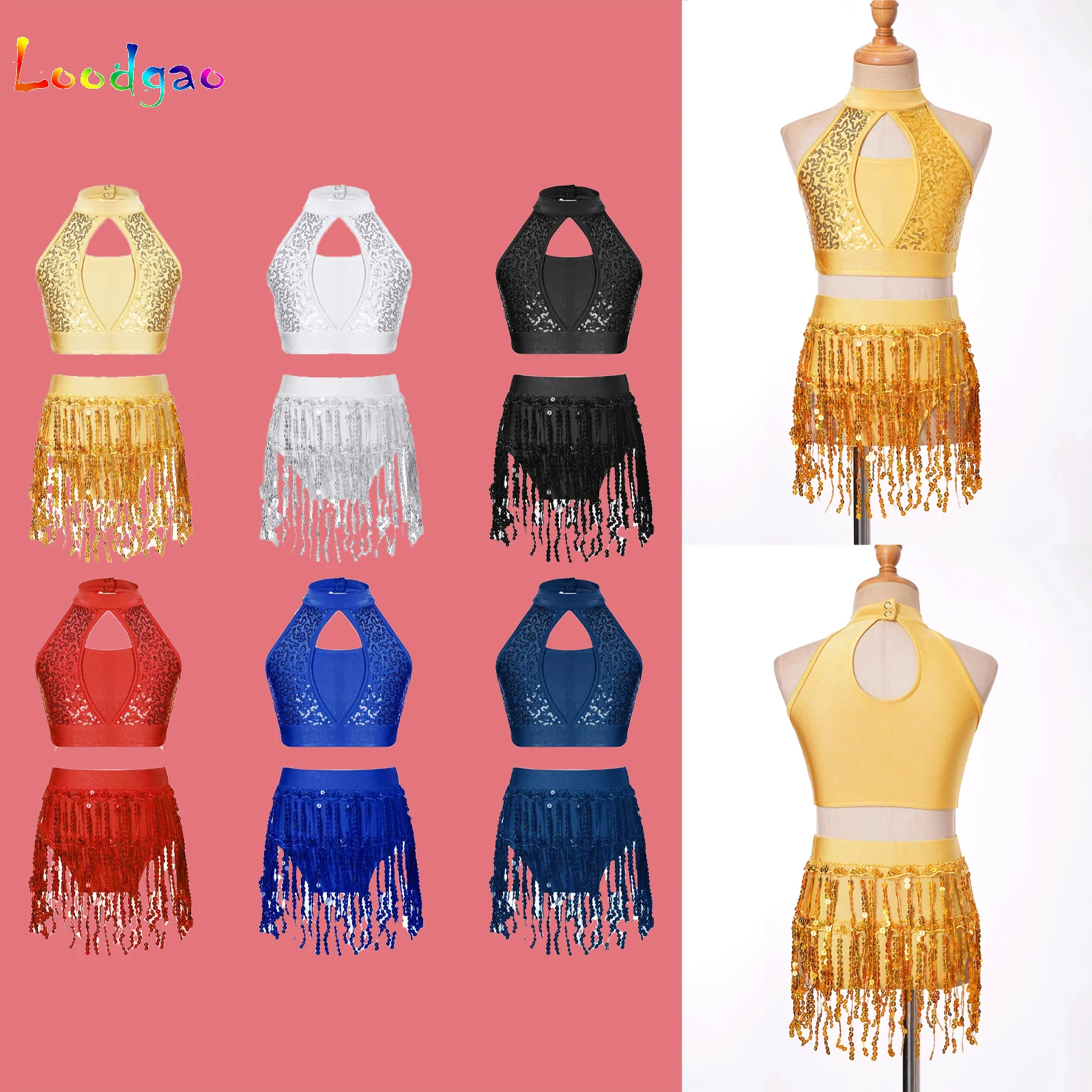 

Kids Girls 2Pcs Outfit Sequins Tassels Jazz Latin Dance Costumes For Rumba Chacha Samba Hip Hop Stage Performance Dancewear