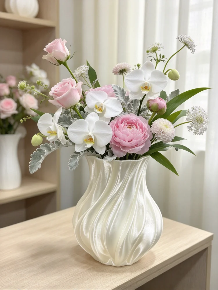 3D Printed Pearlescent Silk White Flowing Swirl Texture Vase with Three-Dimensional Wave Stripe Design, Featuring a Pearl Satin Luster and Delicate Sculptural Lines. the Vase's Lines Are Dynamic and Smooth, Making It Suitable for Creating Elegant Tabletop Floral Arrangements with Small Bouquets Like Roses and Orchids. It Can Also Be Used as a Standalone Art Piece, Suitable for Bathroom Vanities, Living Room Side Tables, and Office Desks. It Is Compatible with Cream-Style Minimalist and Light Luxury Home Decor, Offering Both Practicality and Aesthetic Appeal. It Is a Modern Home Decor Vessel That Combines Both Function and Beauty