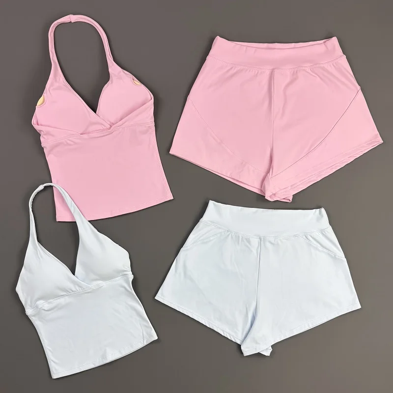 2 Piece Women Gym Set Halter V‑Neck Tank Top Loose Fit Yoga Shorts High Stretch Breathable Pilates Fitness Running Sports Suit
