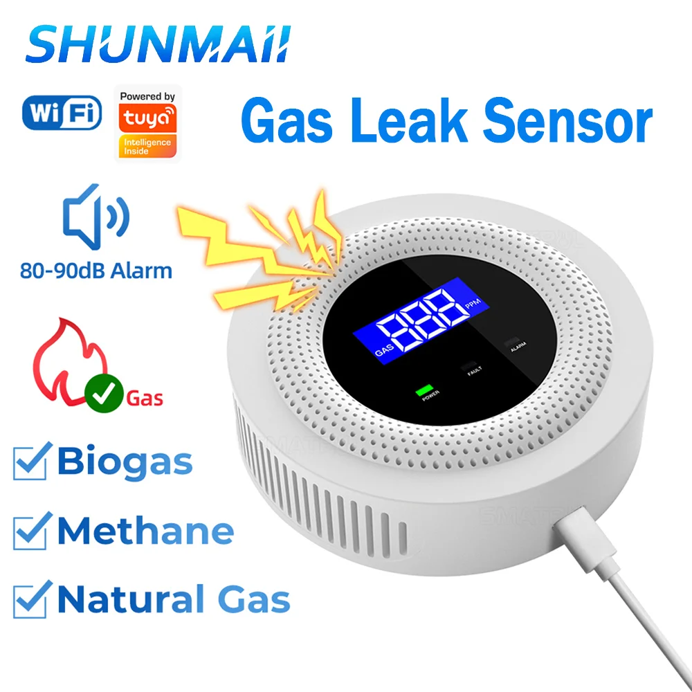 Tuya Gas Leak Sensor Digital Display Propane Detector USB Type-C Power Home Gas Alarm Multifunctional for LPG Gas Biogas Methane