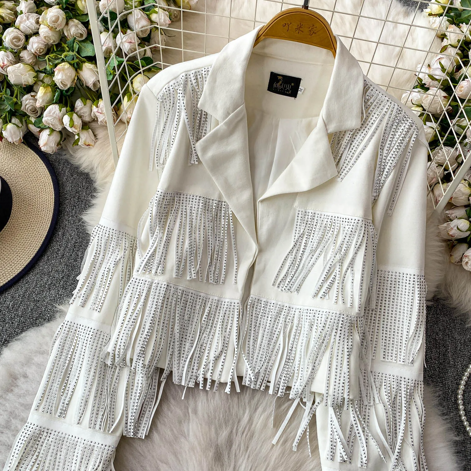 Chic Herfst Winter Vrouwen Diamanten Kralen Kwasten Pak Jas Hot Boren Omzoomd Blazers Jas Losse Lange Mouwen Vest Tops