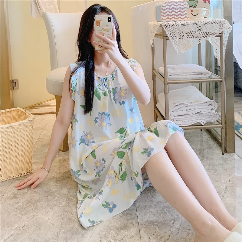 New Summer Women Dress 100% Cotton Gauze Nightdress Sleeveless Thin Round Neck Flower Print Cute Home Clothes Dress