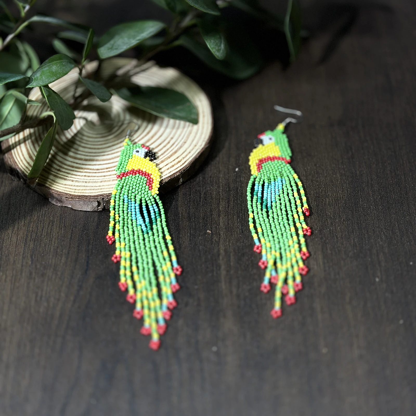 Glass Bead String Earrings with Parrot Design Bohemian Fringe Earrings Seed Bead Strings Women's Jewelry for Everyday Wear