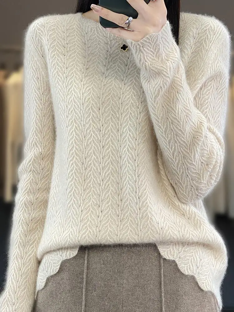 

Women’s Sweater O-neck Hollow Out Vintage Cashmere Pullover Wave Long Sleeve Autumn Winter Grace 100% Merino Wool Knitwear Tops