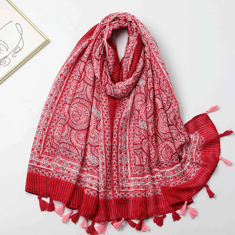 2024 New Fashion Luxury Ladies Women Scarf Female Cotton Linen Shawl Tassel Four Seasons Versatile Floral Muslim Hijab 90*180cm