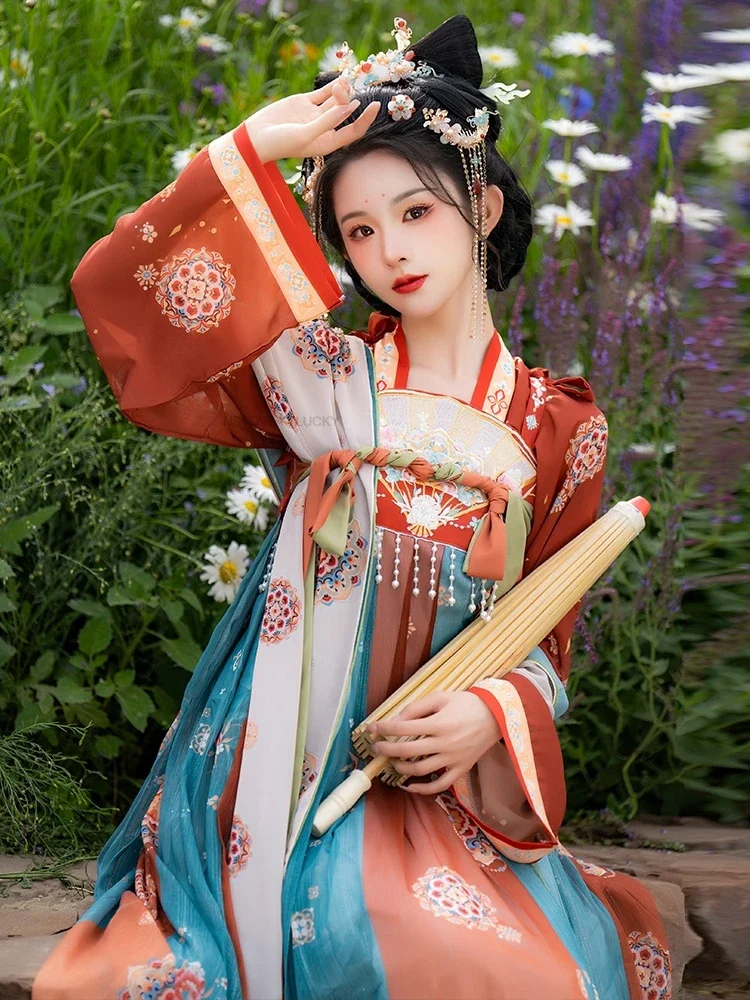 Chinese Improved Tang Dynasty Gradual Embroidered Women Elegant Vintage Floral Tang Dynasty Hanfu  Set Women Floral Hanfu Dress