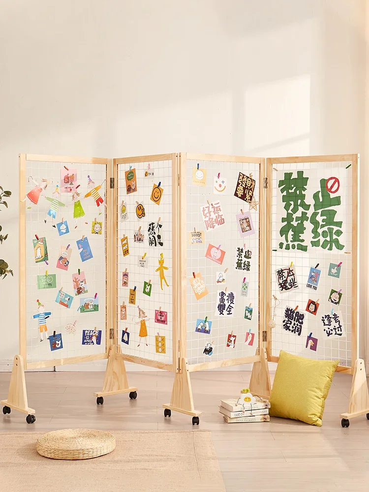 Screen partition grid display rack made of solid wood, movable and foldable kindergarten handmade works, calligraphy