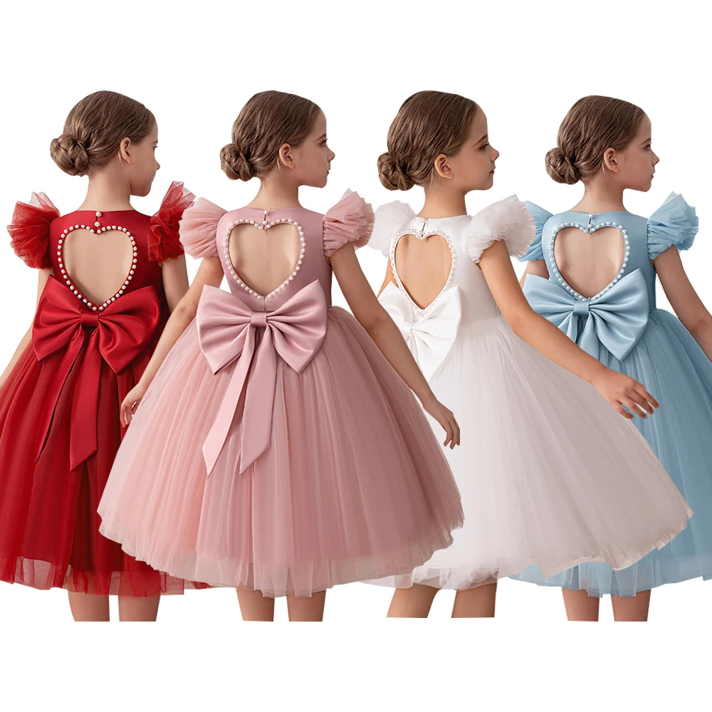 

Mesh Flying Sleeve Princess Dress 4-8Y Children Clothing Merry Christmas Party Gowns with Pearl Wedding Flower Girls Vestidos