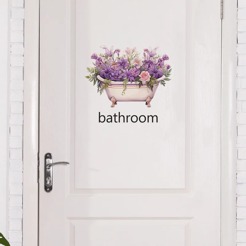 Creative Toilet Bathroom Door Sign Wall Stickers PVC Bathtub flower Decoration Decal Removable Self-adhesive Waterproof Sticker