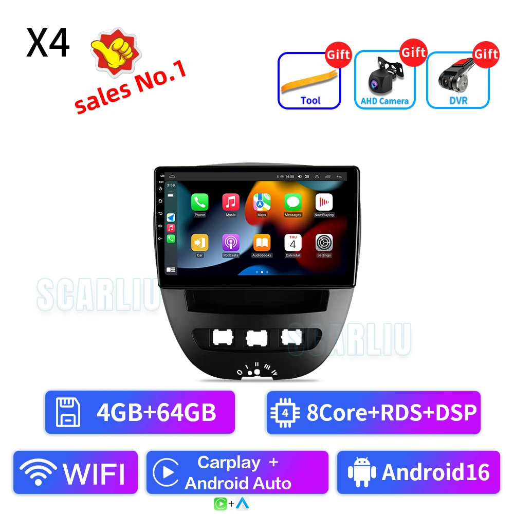SCARLIU For Peugeot 107 Toyota Aygo Citroen C1 2005-2014 Multimedia autoradio WIFI Wireless Carplay Android Auto Car Radio