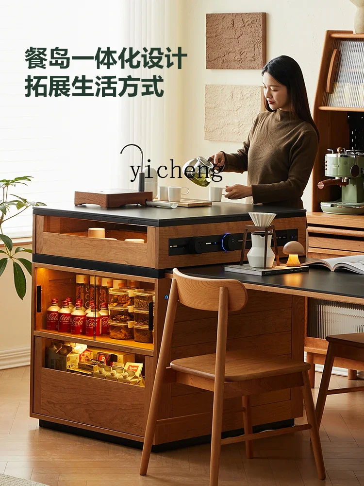 b11- cherry wood island dining table integrated multi-functional small apartment solid wood retractable rock slab dining table