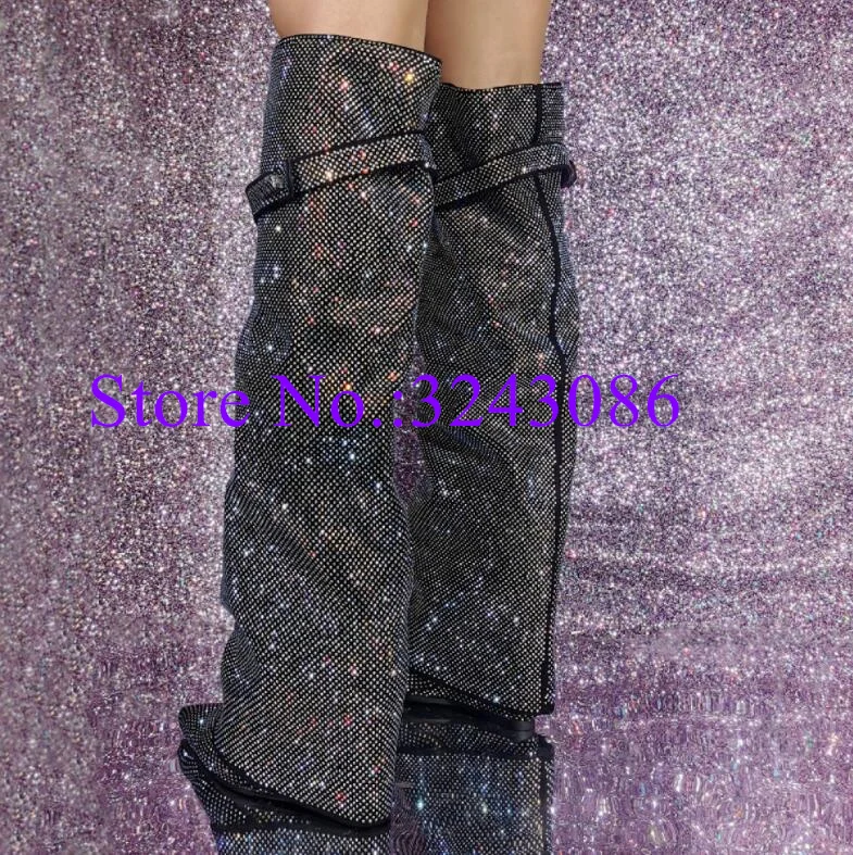 New Bling Bling Crystal Wedge Knee High Boots Lady Fashion Rhinestone Long Boots Woman Large Size Banquet Shoes Dropship