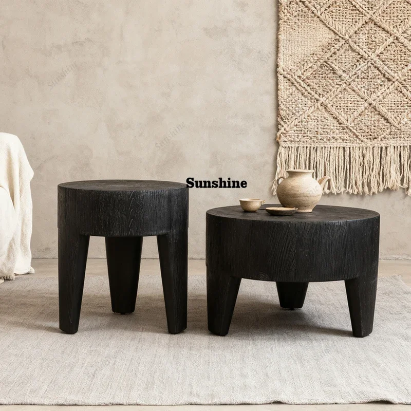 

Журнальный столик в стиле ваби-саби, черный, деревянный, винтажный, для дома, дизайнерский, современный, круглый, из дерева, FT