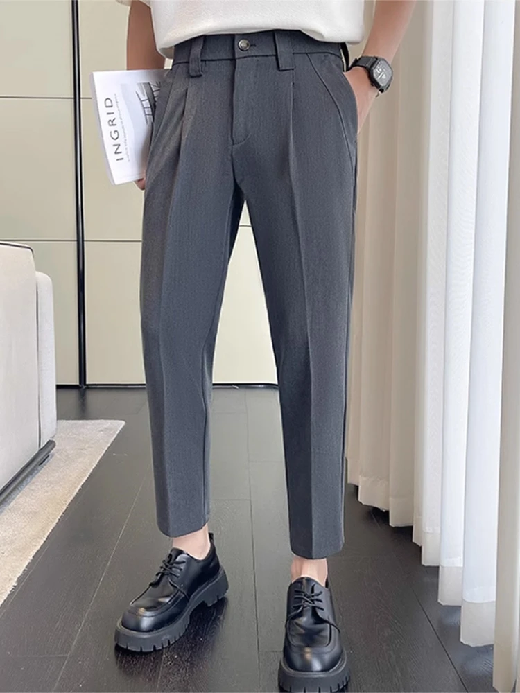 

Летние мужские брюки из ледяного шелка, приталенные, драпированные, повседневные, укороченные, прямого кроя, свободные, дышащие, модные, молодежные