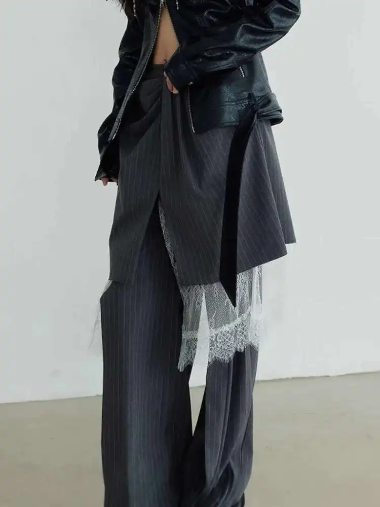 Kwtx calças femininas de renda emendada design cintura alta calças largas listradas contraste cor maré roupas soltas femininas 2025 novo