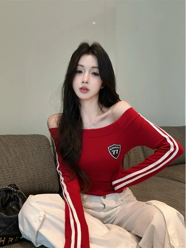 

American Sle Long Sve Red T-irt for Women Slim Fit High Waist Print Base Layer Thin Spring Autumn Hot Girl Color Blo