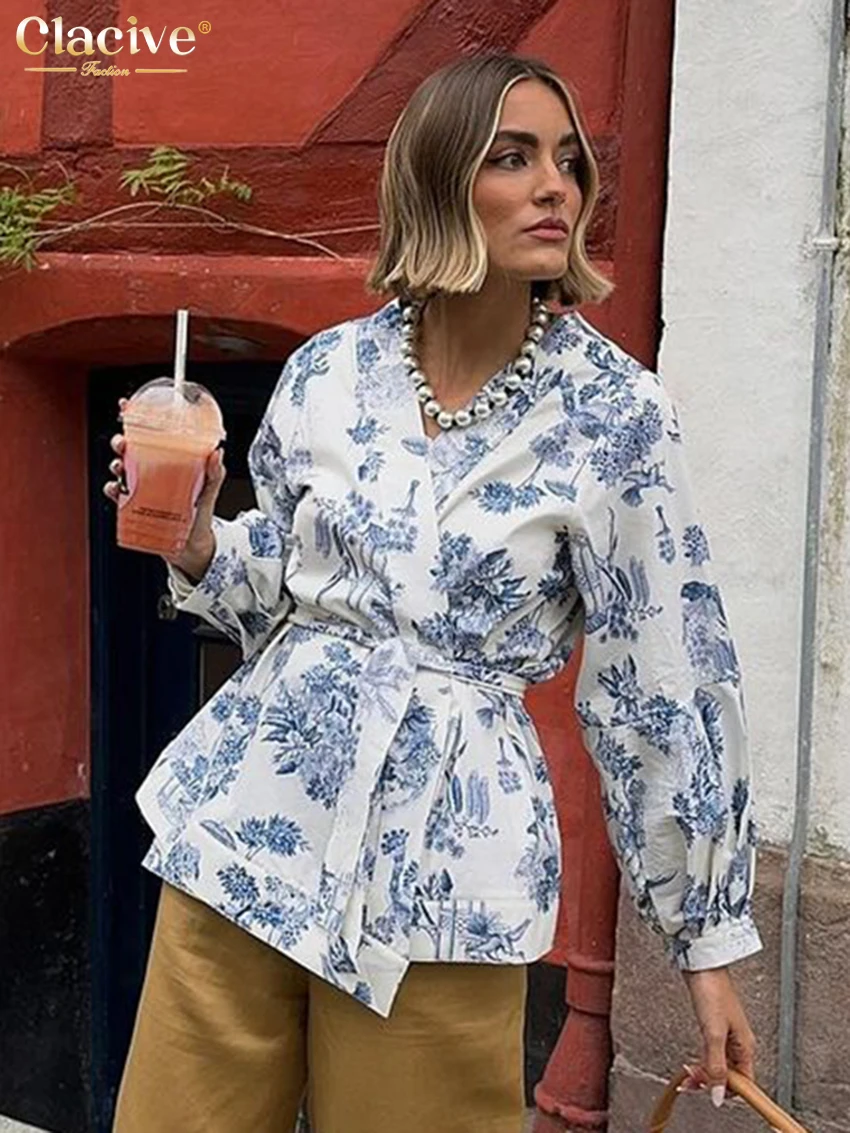 Clacive Fashion Loose Print Women's Shirt 2025 Casual V-Neck Long Sleeve Shirts Elegant Classic Lace-Up Tops Female Clothing