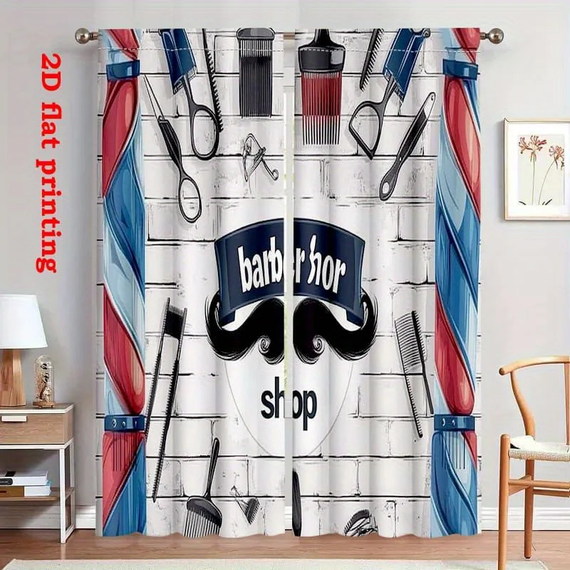 Vintage Barber Shop Curtain, Hairdressing Tools Print Drape Mustache Scissors Pattern Window Treatment for Bathroom Bedroom Home