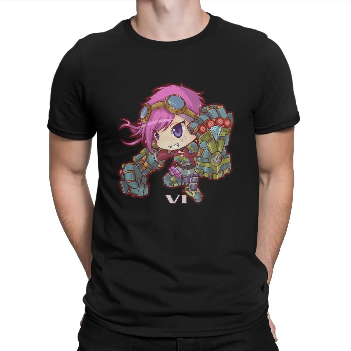 Kawaii VI The Piltover Enforcer T-Shirt for Men Arcane League Of Legends LOL Game Fashion Cotton Crew Neck Short Sleeve T Shirts