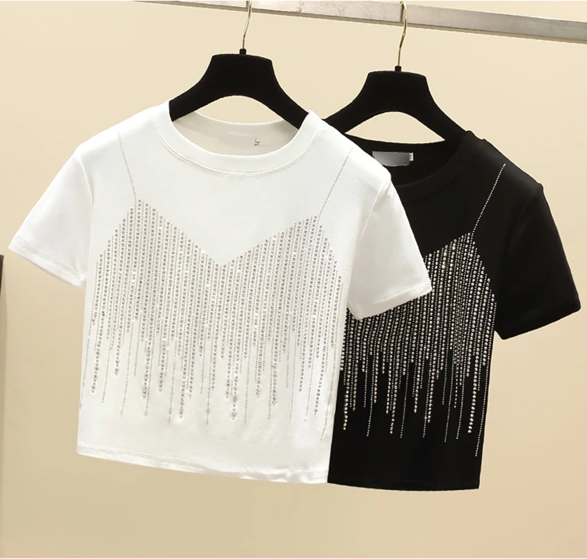 Sommer Frauen Strass T-shirt Einfarbig Rundhals Kurzarm Top Koreanische Casual Mode Weibliche Shiny Tees