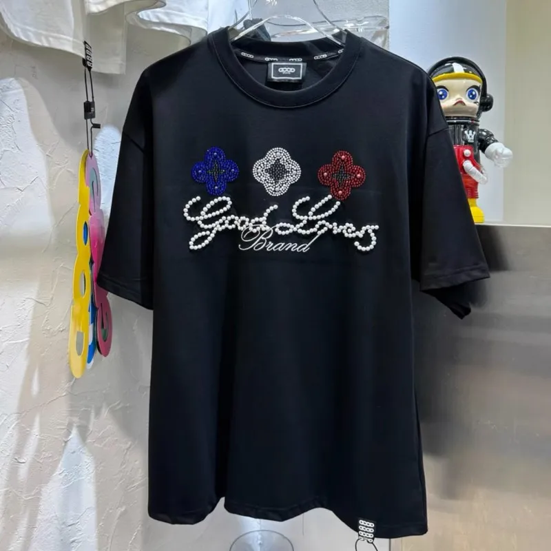 Real Photo Summer Men Women 2XL GOODBRAND Tshirts Colorful Small Flower Slogan Hotfix Rhinestone Black Round Neck Short Sleeve
