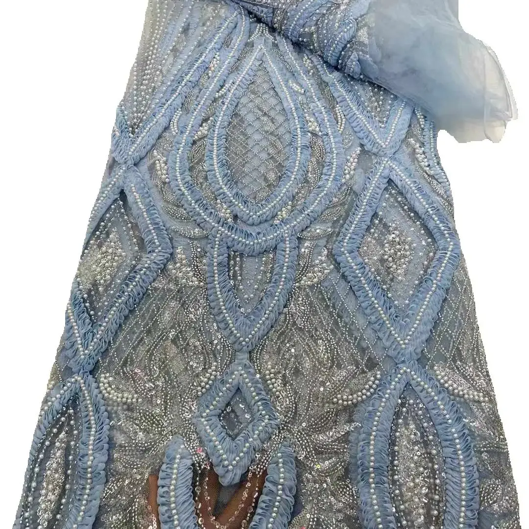 

Babyblue Color New Arrival Beaded African Net Lace Fabric Material Nigerian French Design for Women Party or Birthday Dress