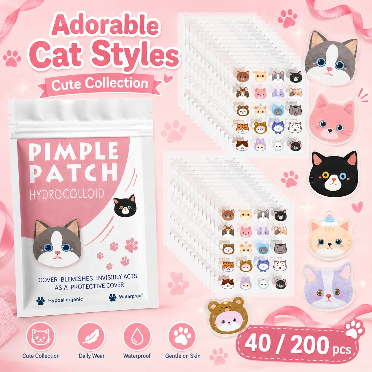 40/200pcs Cartoon Acne Patch, Cute Cat-Shaped Facial Concealer Acne Patch, Safe, Non-Toxic, Gentle and Non-Irritating