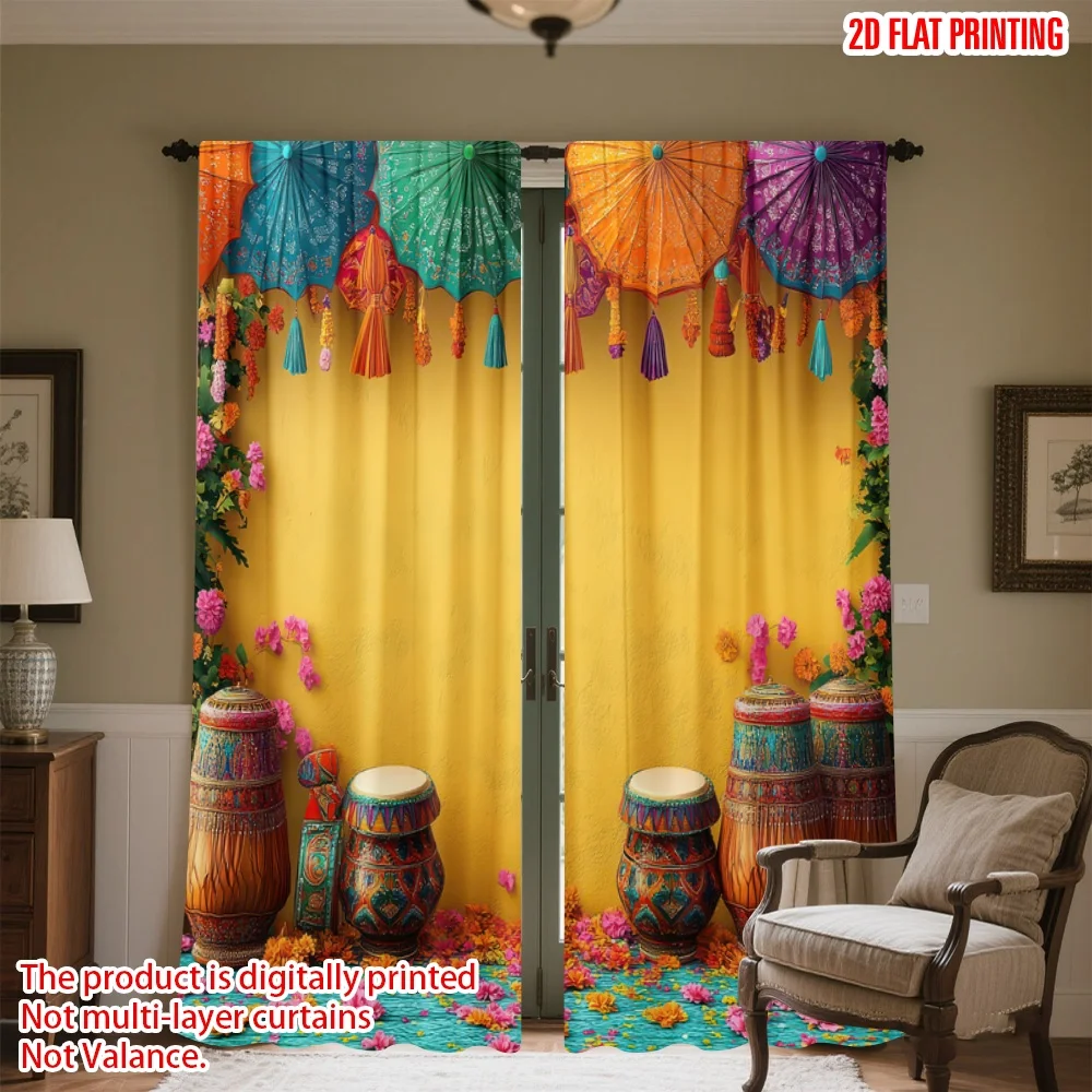 

2D flat printing 2pcs Window Curtains Diwali Colorful Celebration Digital Printed Polyester Drapes Birthday Party Use for Living