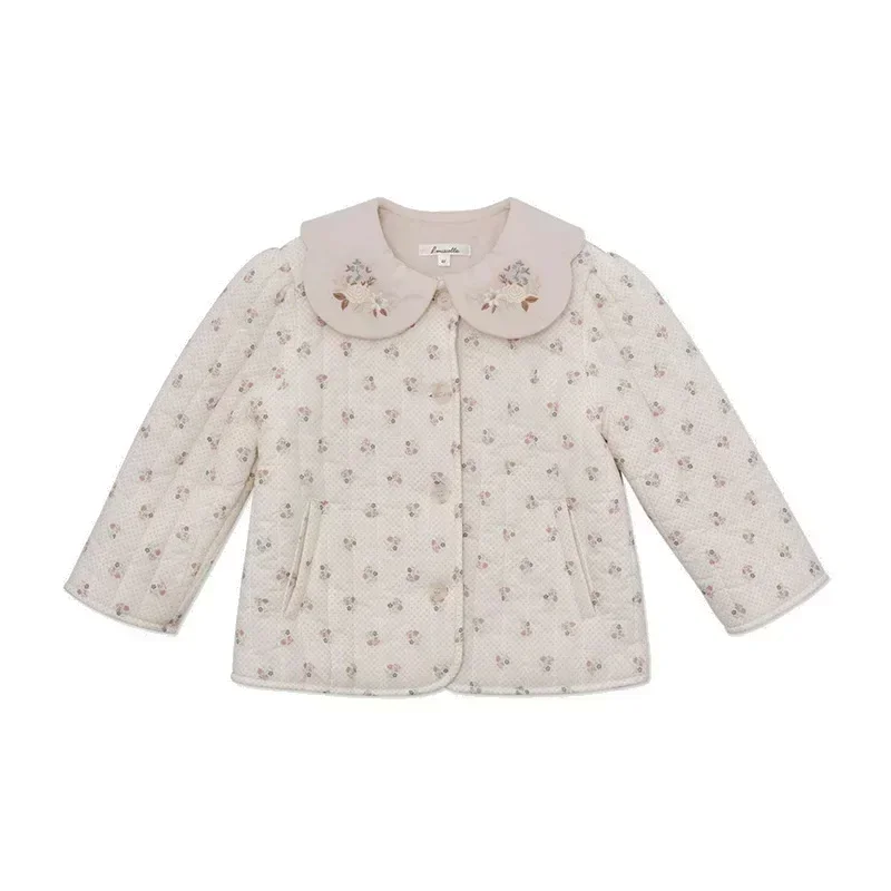 In Stock! LOU Kids Jacket 2024 AW New Girls Printed Floral Cotton Round Neck Cotton-padded Coats Kids Cardigan Sweater